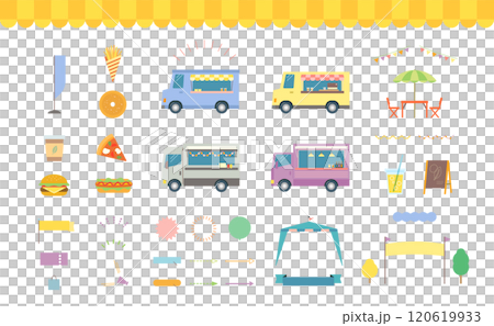 フードトラックで食べ物を販売しているイラスト。キッチンカーが集まったフェスティバル。 フードトラックで食べ物を販売しているイラスト。キッチンカーが集まったフェスティバル。 120619933