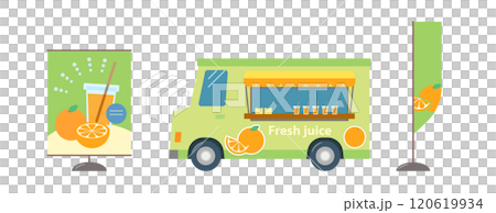 賣橙汁的食品卡車的插圖。透過行動銷售車銷售新鮮果汁的企業。 120619934