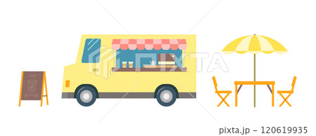 コーヒーを販売するフードトラックのイラスト。飲み物を移動販売車で売るカフェビジネス。黄色いトラック。 120619935