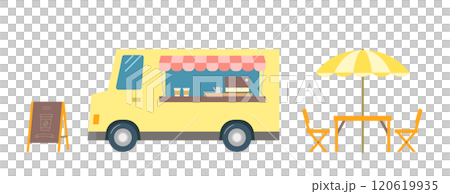 賣咖啡的食品卡車的插圖。一家咖啡館企業,透過移動銷售車銷售飲料。黃色卡車。 賣咖啡的食品卡車的插圖。一家咖啡館企業,透過移動銷售車銷售飲料。黃色卡車。 120619935