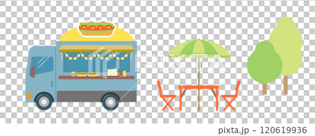 賣熱狗的食品卡車的插圖。透過行動銷售車銷售小吃的咖啡館企業。藍色卡車。 120619936