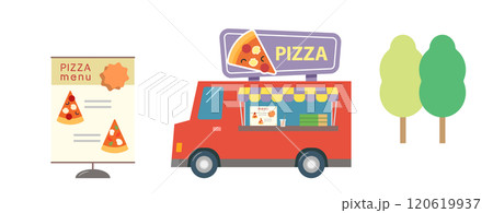 ピザを販売するフードトラックのイラスト。軽食を移動販売車で売るカフェビジネス。赤いトラック。 ピザを販売するフードトラックのイラスト。軽食を移動販売車で売るカフェビジネス。赤いトラック。 120619937