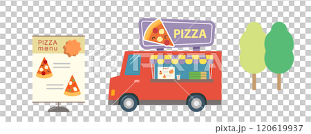 ピザを販売するフードトラックのイラスト。軽食を移動販売車で売るカフェビジネス。赤いトラック。 ピザを販売するフードトラックのイラスト。軽食を移動販売車で売るカフェビジネス。赤いトラック。 120619937