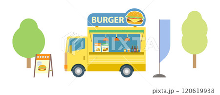 ハンバーガーを販売するフードトラックのイラスト。軽食を移動販売車で売るカフェビジネス。黄色いトラック 120619938