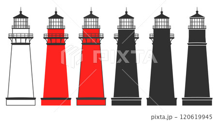 Lighthouse icon symbol shape set. Light house logo sign collection. Navigation Shore light beacon. Vector silhouette illustration. Isolated on white background. Lighthouse icon symbol shape set. Light house logo sign collection. Navigation Shore light beacon. Vector silhouette illustration. Isolated on white background. 120619945