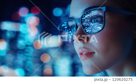 woman with glasses reflecting city lights, showcasing futuristic vibe 120620275