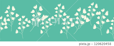 Decorative seamless vintage pattern in classic style with flowers and branches. Silhouettes of flowers, Two-color horizontal ornament in pastel colors, border Decorative seamless vintage pattern in classic style with flowers and branches. Silhouettes of flowers, Two-color horizontal ornament in pastel colors, border 120620458