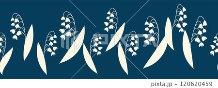 Decorative seamless vintage pattern in classic style with flowers and branches. Silhouettes of flowers, Two-color horizontal ornament in pastel colors, border 120620459