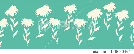 Decorative seamless vintage pattern in classic style with flowers and branches. Silhouettes of flowers, Two-color horizontal ornament in pastel colors, border 120620464