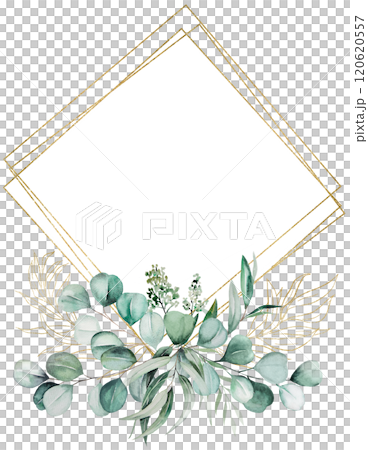 Golden frame with green watercolor leaves, isolated wedding illustration, copy space 120620557