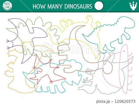 Dinosaur tracing, shape recognition, math activity with animals. Prehistoric puzzle with colored T-rex, stegosaur, triceratops contours. How many silhouettes printable worksheet for kids 120620573