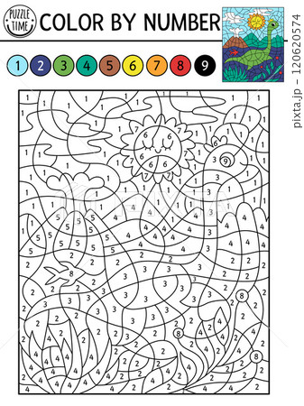 Vector dinosaur color by number activity with swimming plesiosaur. Prehistoric landscape scene. Black and white counting game with ancient animal. Coloring page, mosaic painting for kids 120620574