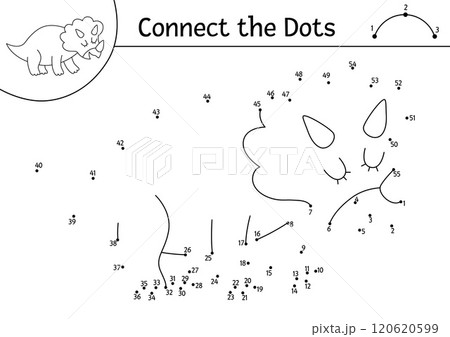 Vector black and white dot-to-dot and color activity with triceratops. Dinosaur connect the dots game, coloring page. What join the dot printable worksheet. Prehistoric line puzzle 120620599