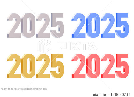 Set of 3D elegant and modern numbers 2025. A variation of different colors. Easy to recolor using blending modes. New Year decorative element. Vector illustration isolated on white background 120620736
