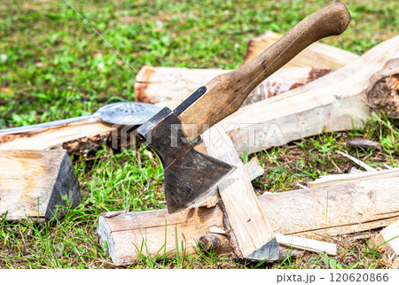 Axe for chopping firewood and chopped firewood lying on the grass 120620866