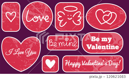 Cute red and white Happy Valentine's day stickers with greeting slogans and hearts. Textured grunge holiday badges with love symbols. 120621083