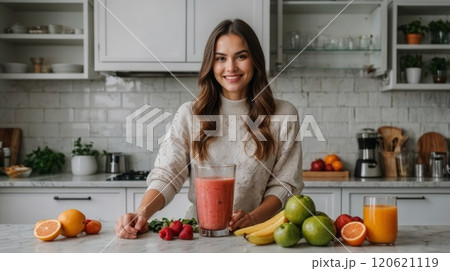 a beautiful girl in a bright kitchen prepares nutritious smoothies 120621119