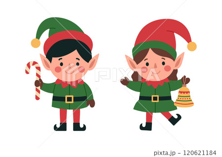 Two cute little elves. Santa Claus helpers. Boy with candy cane and girl with bell in green and red costumes and hats. Christmas characters. Vector flat illustration isolated on white background Two cute little elves. Santa Claus helpers. Boy with candy cane and girl with bell in green and red costumes and hats. Christmas characters. Vector flat illustration isolated on white background 120621184