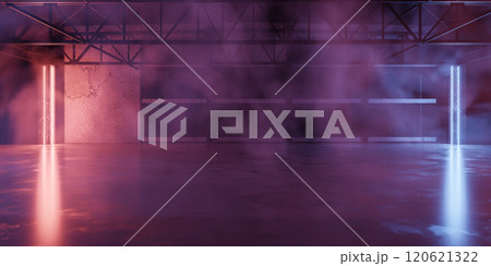 Dramatic Industrial Space with Fog and Colorful Lights Dramatic Industrial Space with Fog and Colorful Lights 120621322