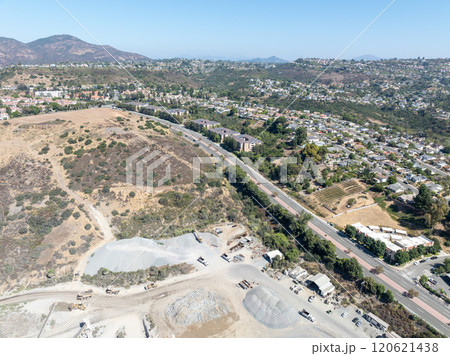 Aerial view of industrial sand and gravel quarry site In San Diego, USA Aerial view of industrial sand and gravel quarry site In San Diego, USA 120621438