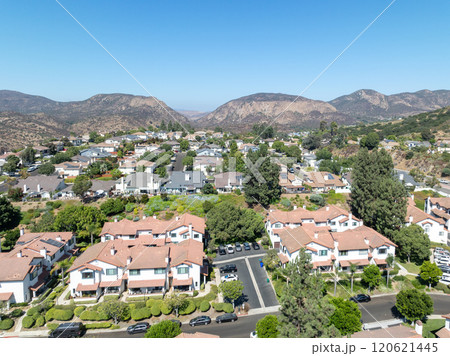 Aerial view of residential subdivision house neighborhood in Mission Mesa. South California, USA Aerial view of residential subdivision house neighborhood in Mission Mesa. South California, USA 120621445