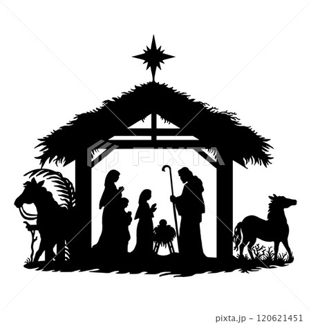 Holy Night silhouette - Nativity scene of baby Jesus silhouette in a manger with Mary and Joseph with the three wise men. Christian Christmas silhouette of animals. Illustration for children. Holy Night silhouette - Nativity scene of baby Jesus silhouette in a manger with Mary and Joseph with the three wise men. Christian Christmas silhouette of animals. Illustration for children. 120621451
