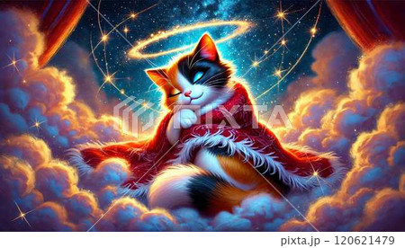 赤いタオルを纏って座る三毛猫 120621479