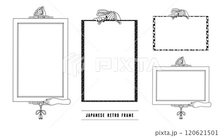 浮世絵風モノクロレトロなフレームセット。のイラスト素材