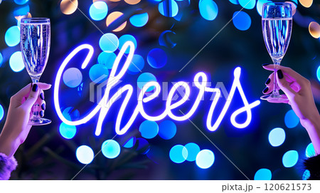 Neon Cheers Text with two Glasses of Sparkling Wine, Night Celebration Concept 120621573
