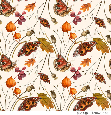 Butterflies, oak leaves, poppy bulbs, physalis pattern. Autumn romantic seamless print with beige background. For fabric, seasonal decor, wrapping Butterflies, oak leaves, poppy bulbs, physalis pattern. Autumn romantic seamless print with beige background. For fabric, seasonal decor, wrapping 120621638