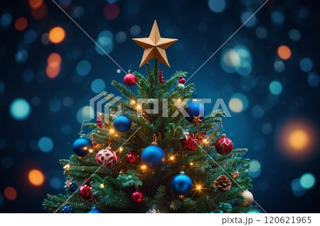 Christmas tree blue decorated with ornaments, star, pine cone Christmas tree blue decorated with ornaments, star, pine cone 120621965