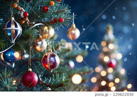 Christmas tree blue decorated with ornaments, star, pine cone 120622030