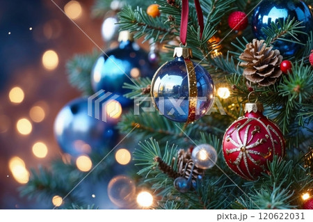 Christmas tree blue decorated with ornaments, star, pine cone Christmas tree blue decorated with ornaments, star, pine cone 120622031