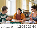 Group of students discussing topics around table filled with books and notebooks in well-lit library creating engaging learning atmosphere 120622340
