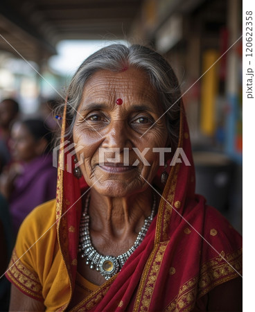 Portrait of elderly woman smiling warmly while wearing traditional attire and jewelry, showcasing cultural heritage and grace in an outdoor setting with blurred background 120622358