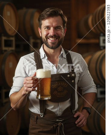 Smiling male brewer holding glass of frothy beer in front of vintage wooden barrels in warm, rustic brewery setting exuding passion and craftsmanship in every detail 120622393