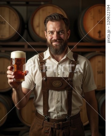 Smiling brewer holding pint of beer with barrels in background. Wearing brown suspenders and white shirt while standing in brewery. Smiling brewer holding pint of beer with barrels in background. Wearing brown suspenders and white shirt while standing in brewery. 120622394