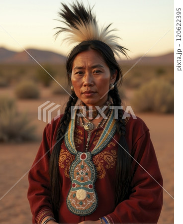 Woman standing in desert while wearing traditional attire and headwear with mountains in background during sunset. Braided hair, intricate beads, and serene expression are prominent points Woman standing in desert while wearing traditional attire and headwear with mountains in background during sunset. Braided hair, intricate beads, and serene expression are prominent points 120622395