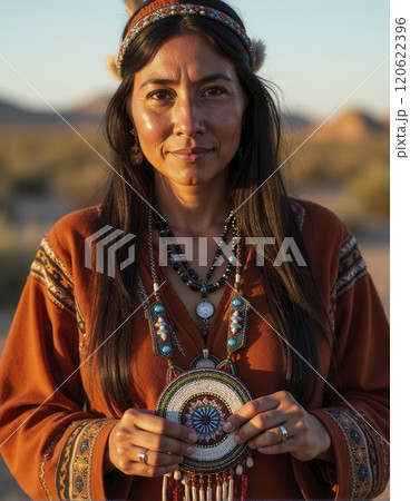 Portrait of woman displaying intricate traditional beadwork and attire, standing outside with distant hills in background, exuding a calm and serene demeanor Portrait of woman displaying intricate traditional beadwork and attire, standing outside with distant hills in background, exuding a calm and serene demeanor 120622396
