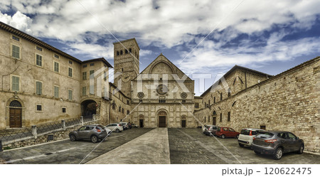 Panoramic exterior view of the medieval Cathedral of Assisi, Italy 120622475