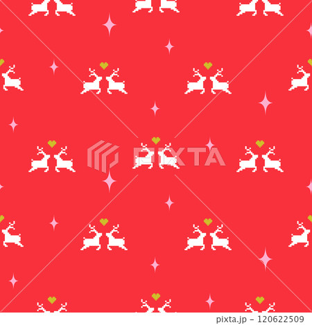 Christmas Deer Pajama Pattern Design Seamless Pixel Art background. Xmas style Reindeer couple, Hearts love, Holly Stars on a red Background, with white festive animals knit details 120622509