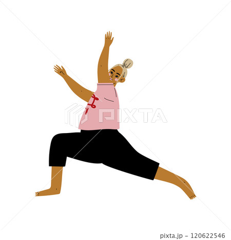 Plump Woman in Warrior I Pose, Curvy Girl Practicing Yoga, Healthy Lifestyle Vector Illustration Plump Woman in Warrior I Pose, Curvy Girl Practicing Yoga, Healthy Lifestyle Vector Illustration 120622546