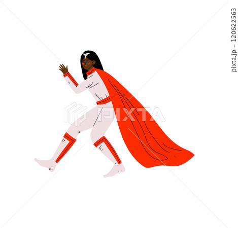 Young African American Woman in Superhero Costume and Red Cape, Super Girl Character Vector Illustration 120622563