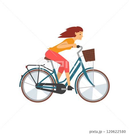 Young Woman Riding Bike Fast, Female Cyclist Character on Bicycle Vector Illustration Young Woman Riding Bike Fast, Female Cyclist Character on Bicycle Vector Illustration 120622580