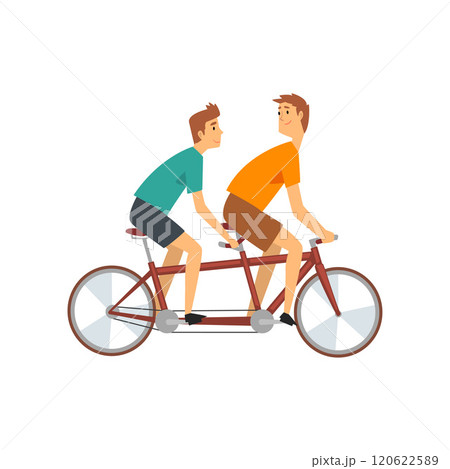 Two Men Riding Tandem Bike, Male Cyclists Characters on Bicycle Vector Illustration Two Men Riding Tandem Bike, Male Cyclists Characters on Bicycle Vector Illustration 120622589