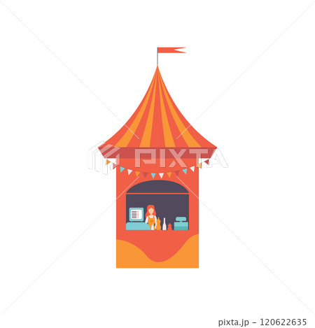 Street Vendor Booth with Fast Food and Seller, Market Food Counter, Retail Selling Kiosk Vector Illustration Street Vendor Booth with Fast Food and Seller, Market Food Counter, Retail Selling Kiosk Vector Illustration 120622635
