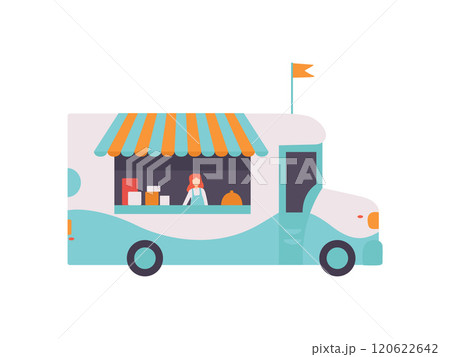 Van Shop with Fast Food, Drinks and Seller, Street Food Transport for Street Market Vector Illustration 120622642