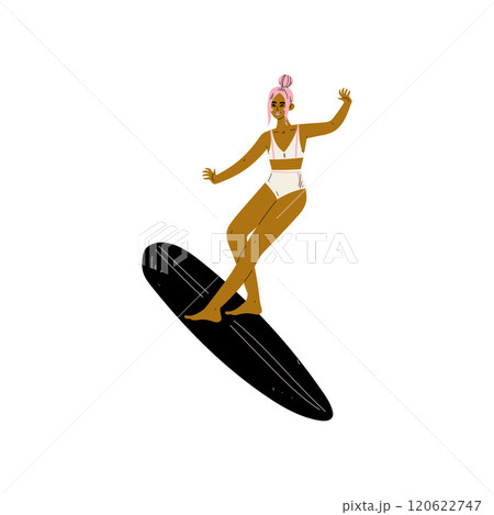 Girl Surfer in White Swimsuit Riding Surfboard Catching Waves, Young Woman Enjoying Summer Vacation, Recreational Water Sport Vector Illustration 120622747