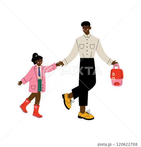 African American Father Leading His Daughter to School, Cute Girl and Her Dad Walking Together Vector Illustration African American Father Leading His Daughter to School, Cute Girl and Her Dad Walking Together Vector Illustration 120622788