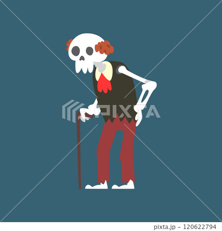 Senior Skeleton With Walking Stick, Elderly Dead Man Cartoon Character Vector Illustration 120622794